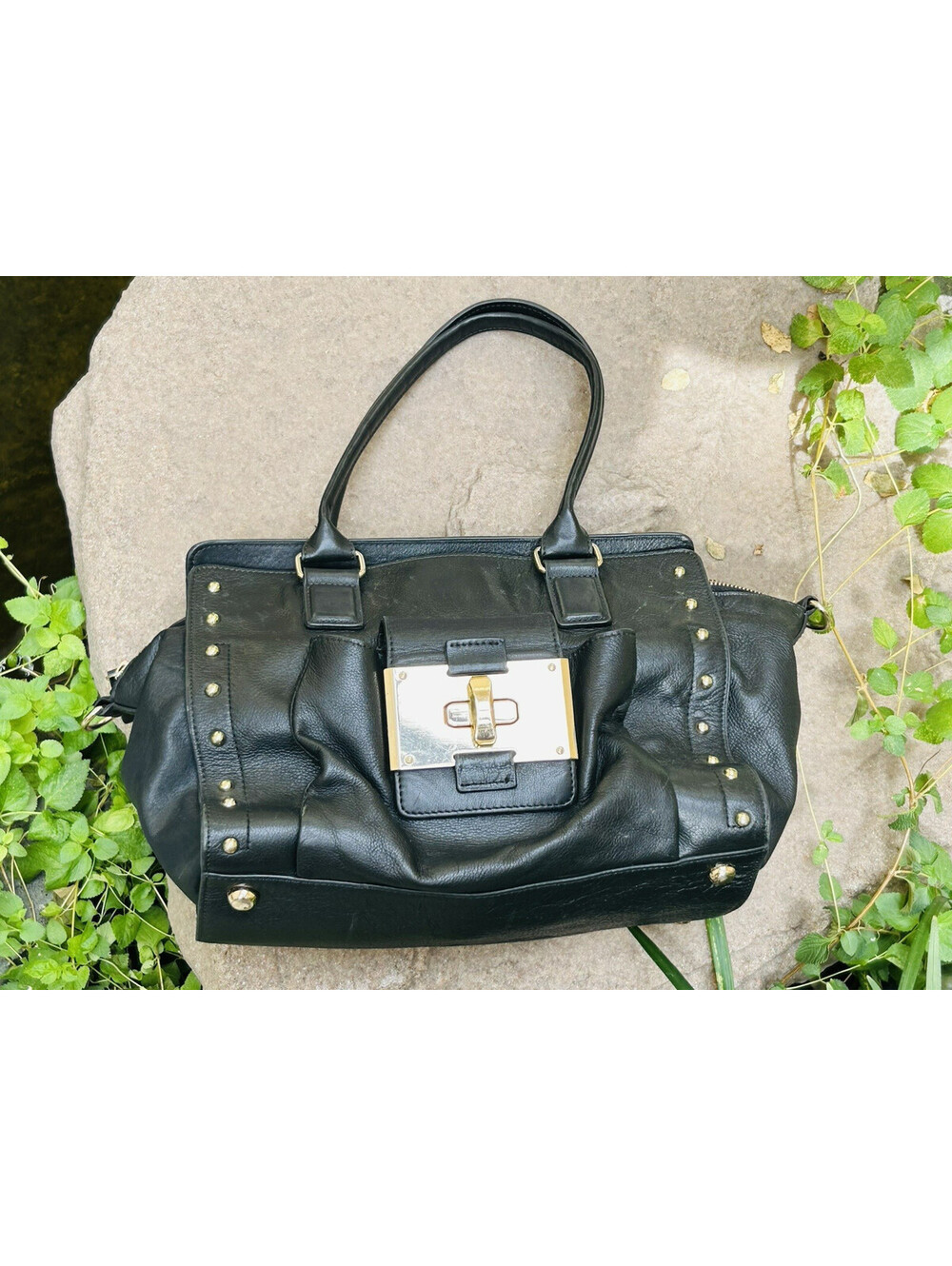 Vintage Y2K Joy Gryson Black Studded Leather Satchel Top Handle Bag Purse Tote